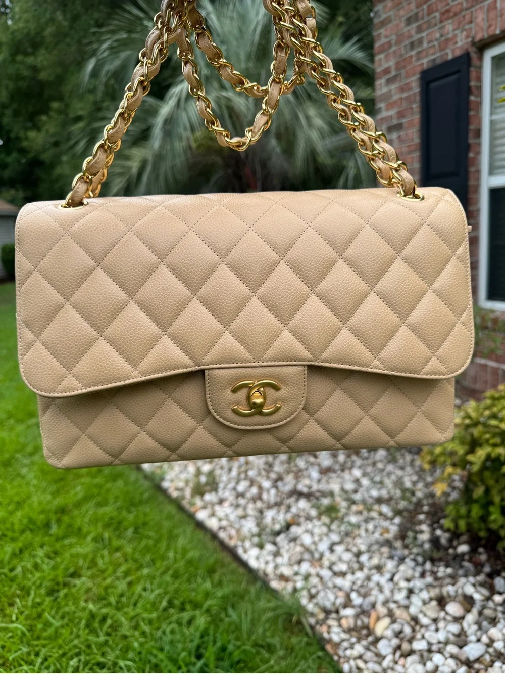 CHANEL JUMBO Beige Quilted Flap Shoulder Bag with Gold Chain
